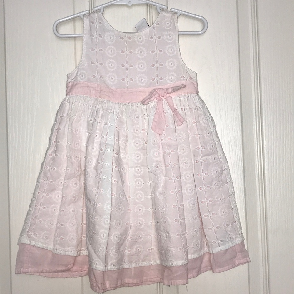 White eyelet cotton dress with pink trim